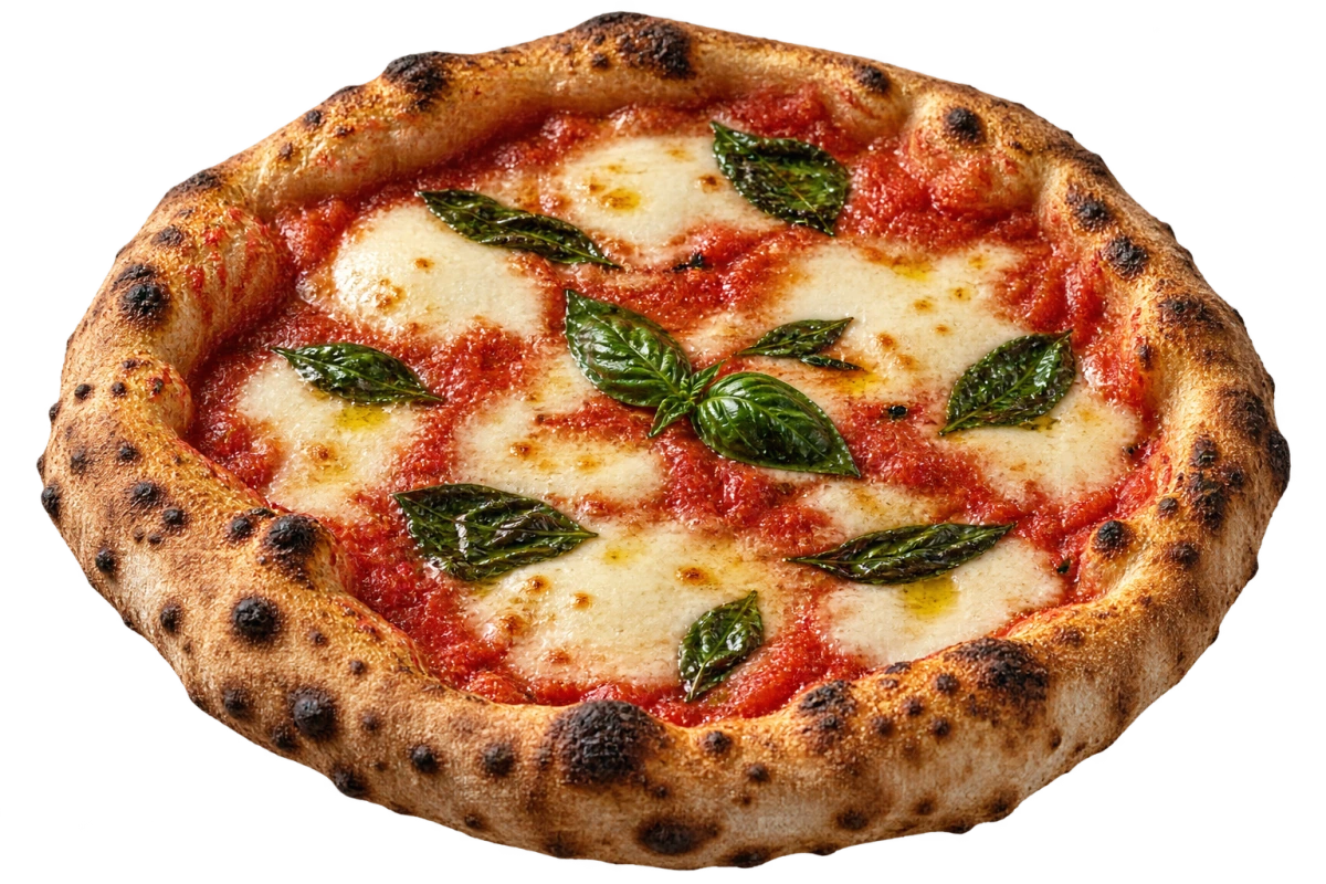 Goldbraun gebackene Pizza mit Tomaten, Mozzarella und frischem Basilikum